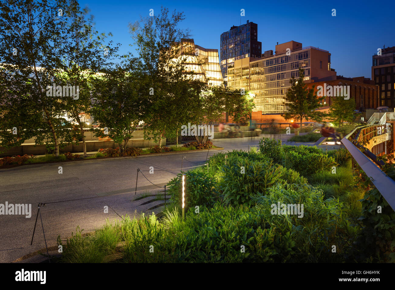 La Highline au crépuscule en été. L'antenne green-way est une oasis au coeur de Chelsea, Manhattan, New York City Banque D'Images