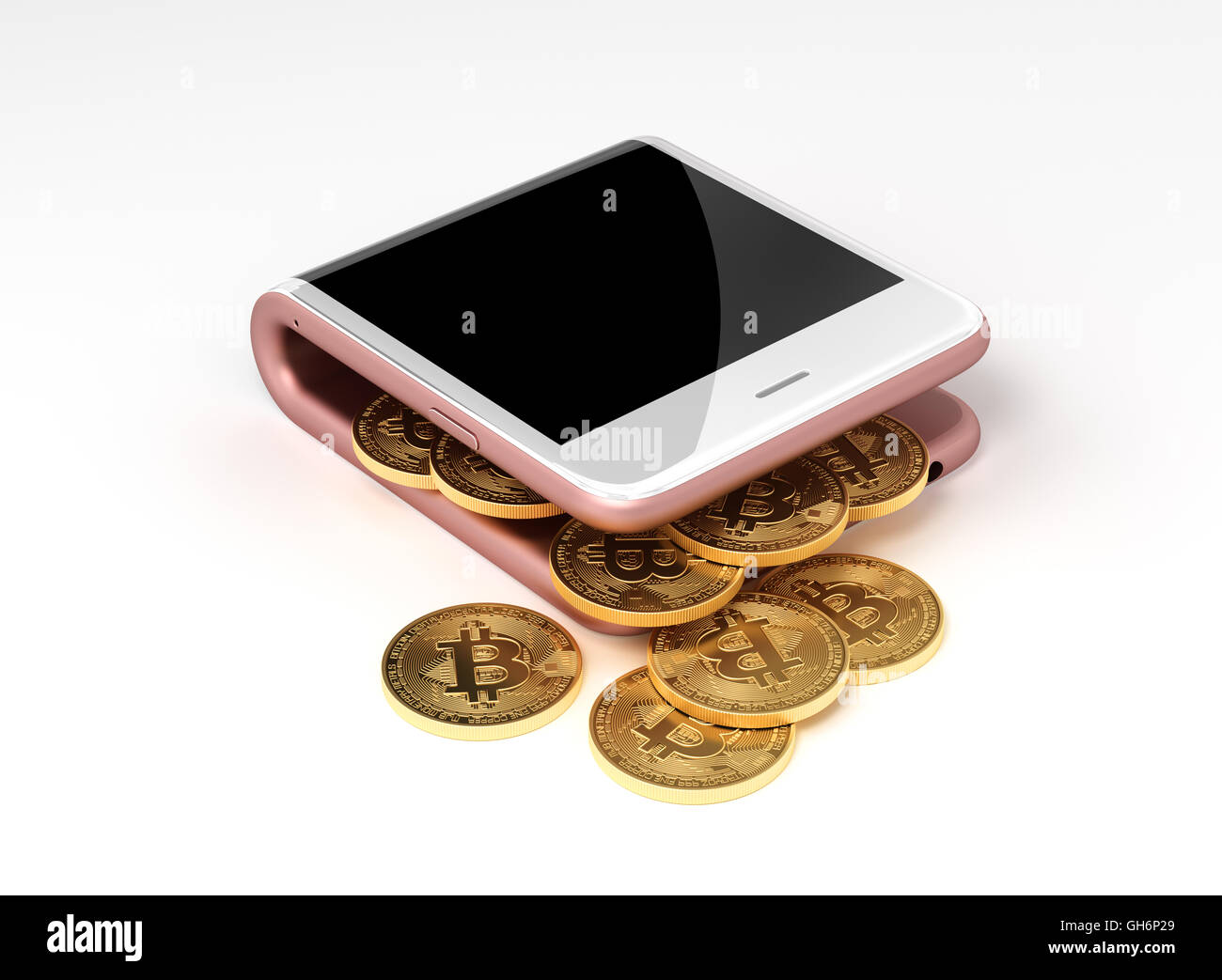 Concept de porte-monnaie virtuel rose et des Bitcoins. 3D Illustration. Banque D'Images