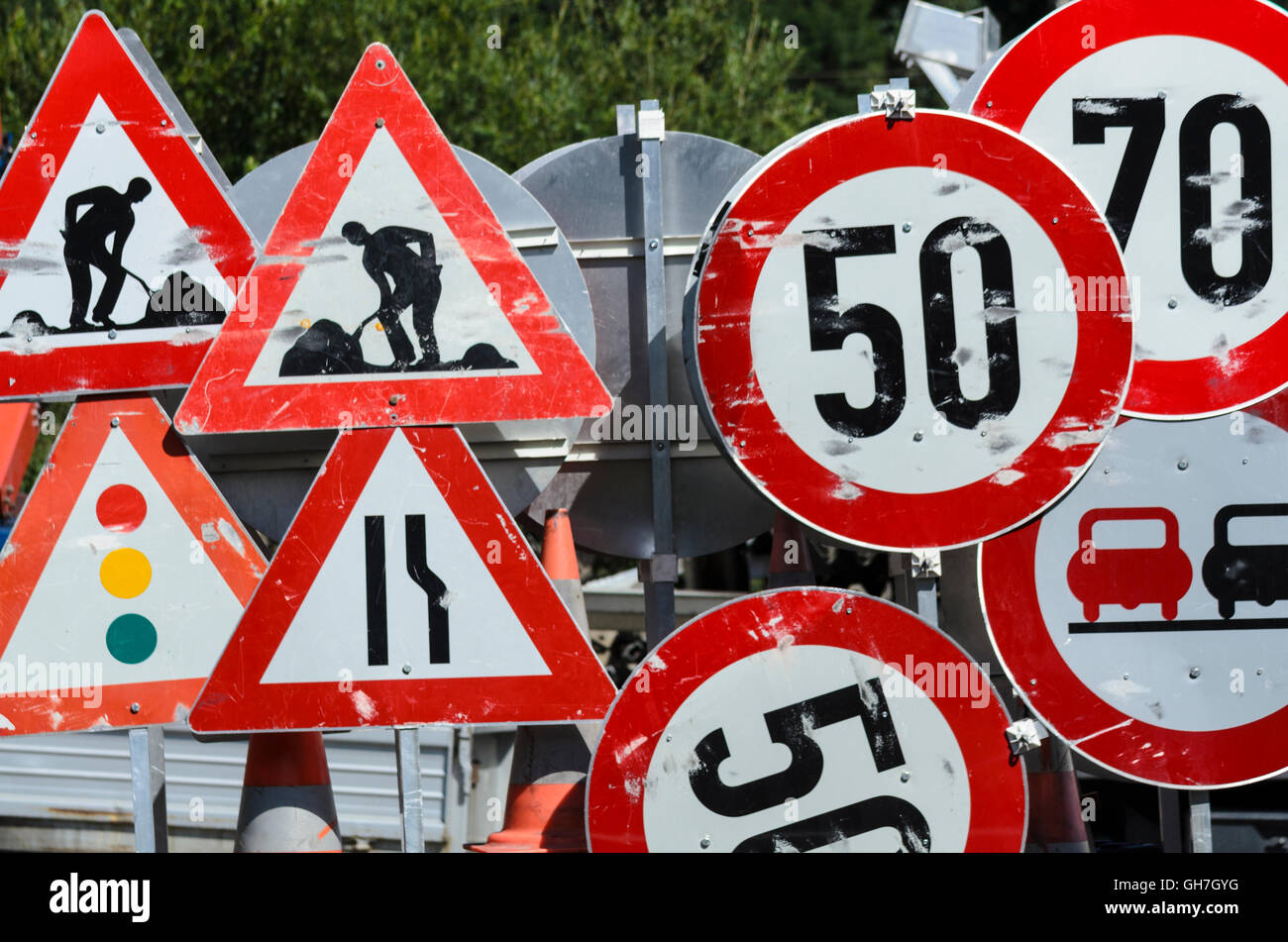 La signalisation routière sur un chantier, l'Autriche, Banque D'Images