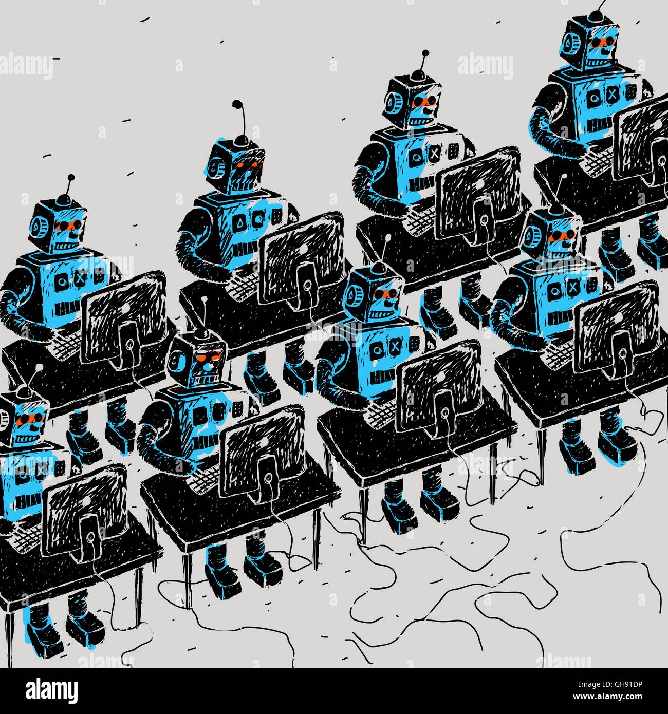 Groupe de robots et d'ordinateur personnel Illustration de Vecteur