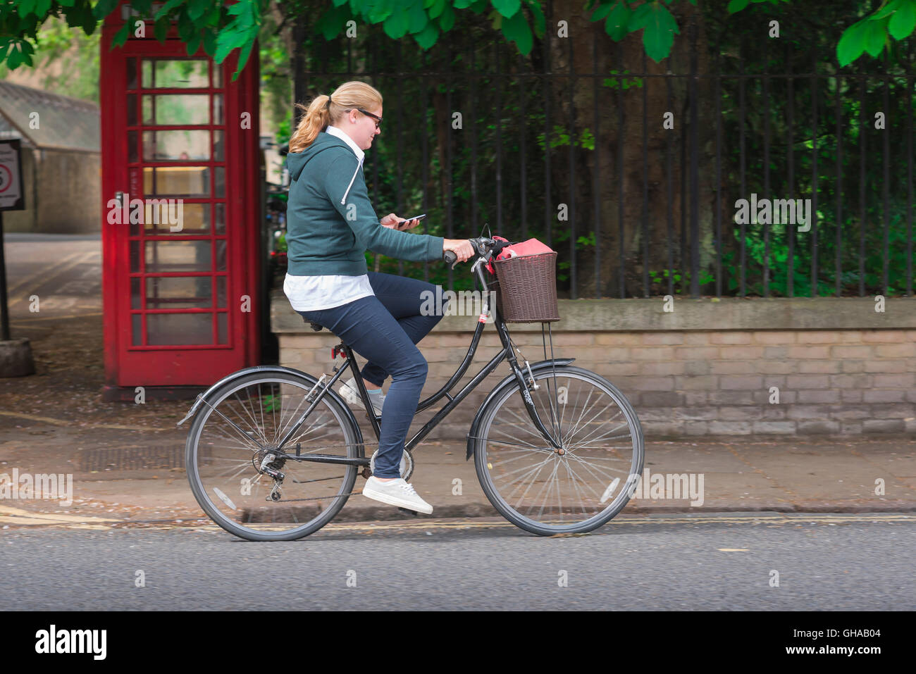 Femme cyclisme, un étudiant regarde son téléphone tout en vélo le long de Trumpington Street dans le centre de Cambridge, Angleterre, Royaume-Uni. Banque D'Images