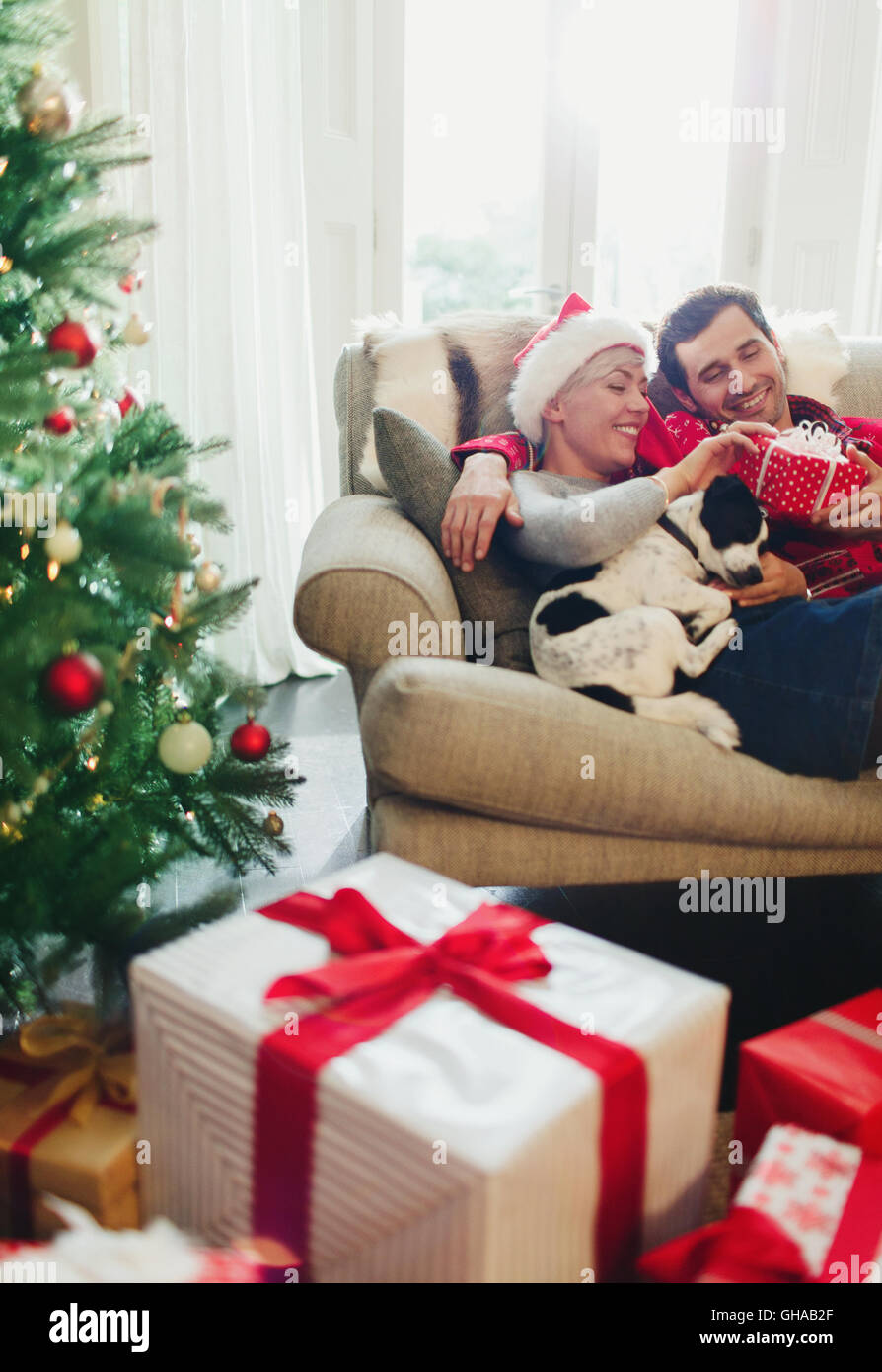 Couple de câlins sur canapé avec chien près de l'arbre de Noël et cadeaux Banque D'Images