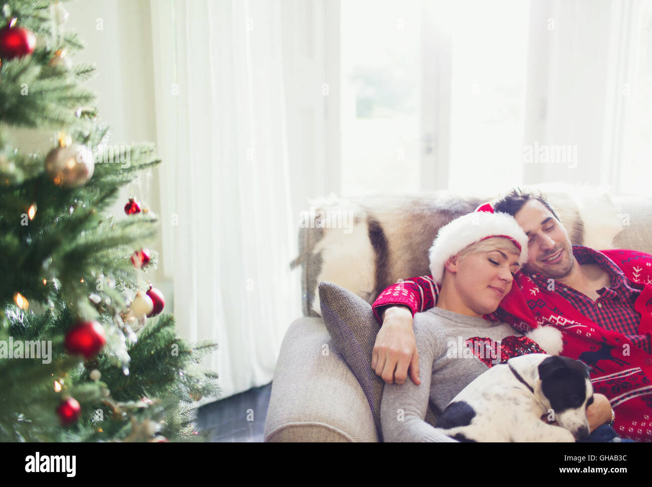 Serene couple cuddling with dog on sofa next to Christmas Tree Banque D'Images