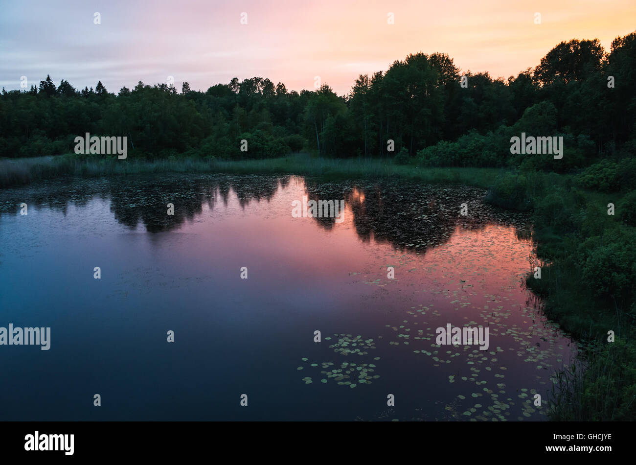 Le lac encore au coucher du soleil. Ciel du soir colorés et arbres sombres silhouettes reflétées dans l'eau Banque D'Images