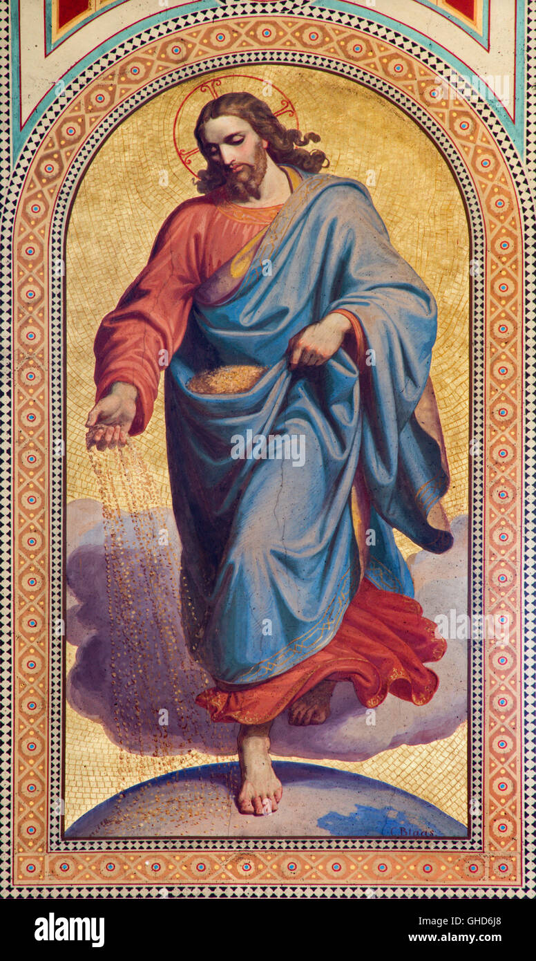 Vienne - 27 juillet : fresque de Jésus Christ comme seedsman de parabole dans le Nouveau Testament par Karl von Blaas de 19. 100. Banque D'Images