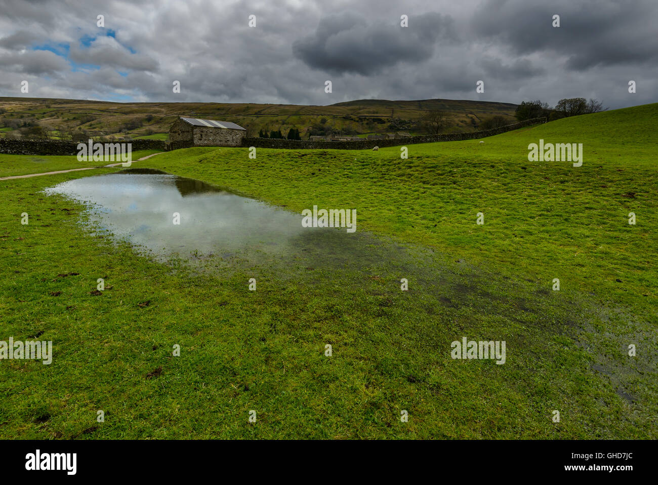 Prairie inondée près de Muker, un village et une paroisse civile à l'extrémité ouest de Swaledale dans le Yorkshire du Nord, en Angleterre, le jour de mai couvert Banque D'Images