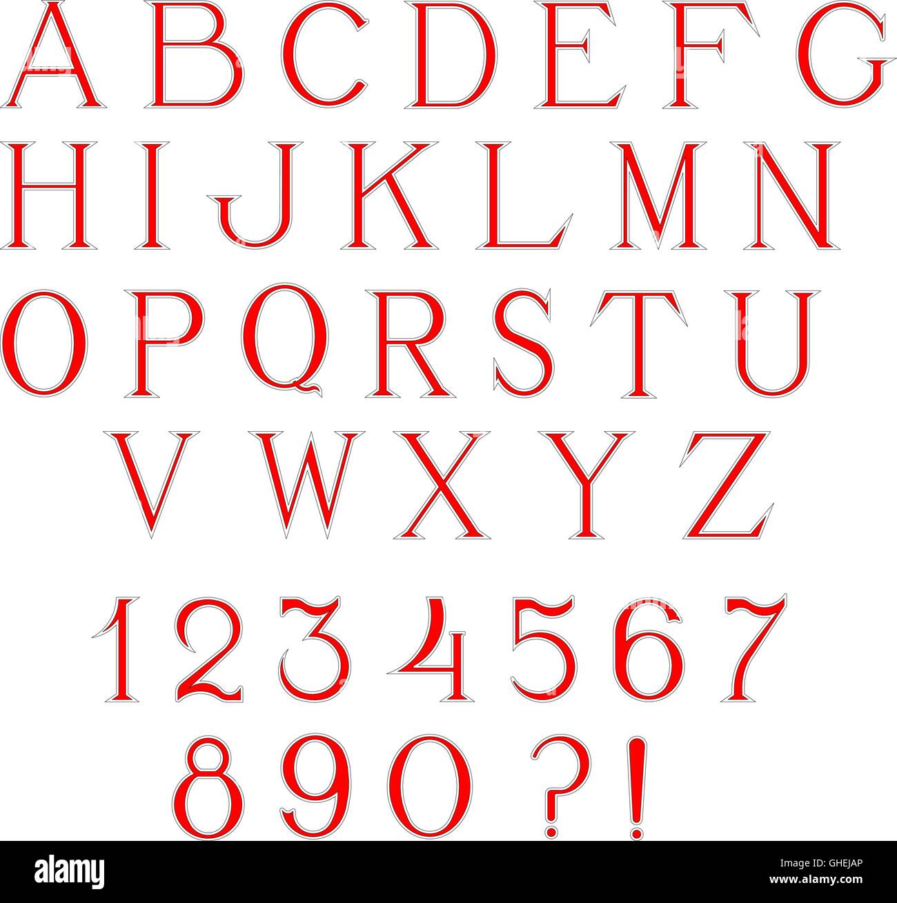 La main simple et élégant de la capitale de l'alphabet des lettres et des chiffres avec remplissage rouge Illustration de Vecteur