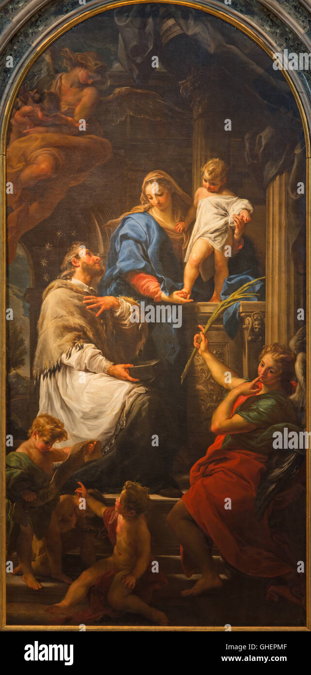BRESCIA, ITALIE, 2016 : Peinture de Madonna avec l'enfant et saint Jean Népomucène à l'église Chiesa di Santa Maria della Pace Banque D'Images