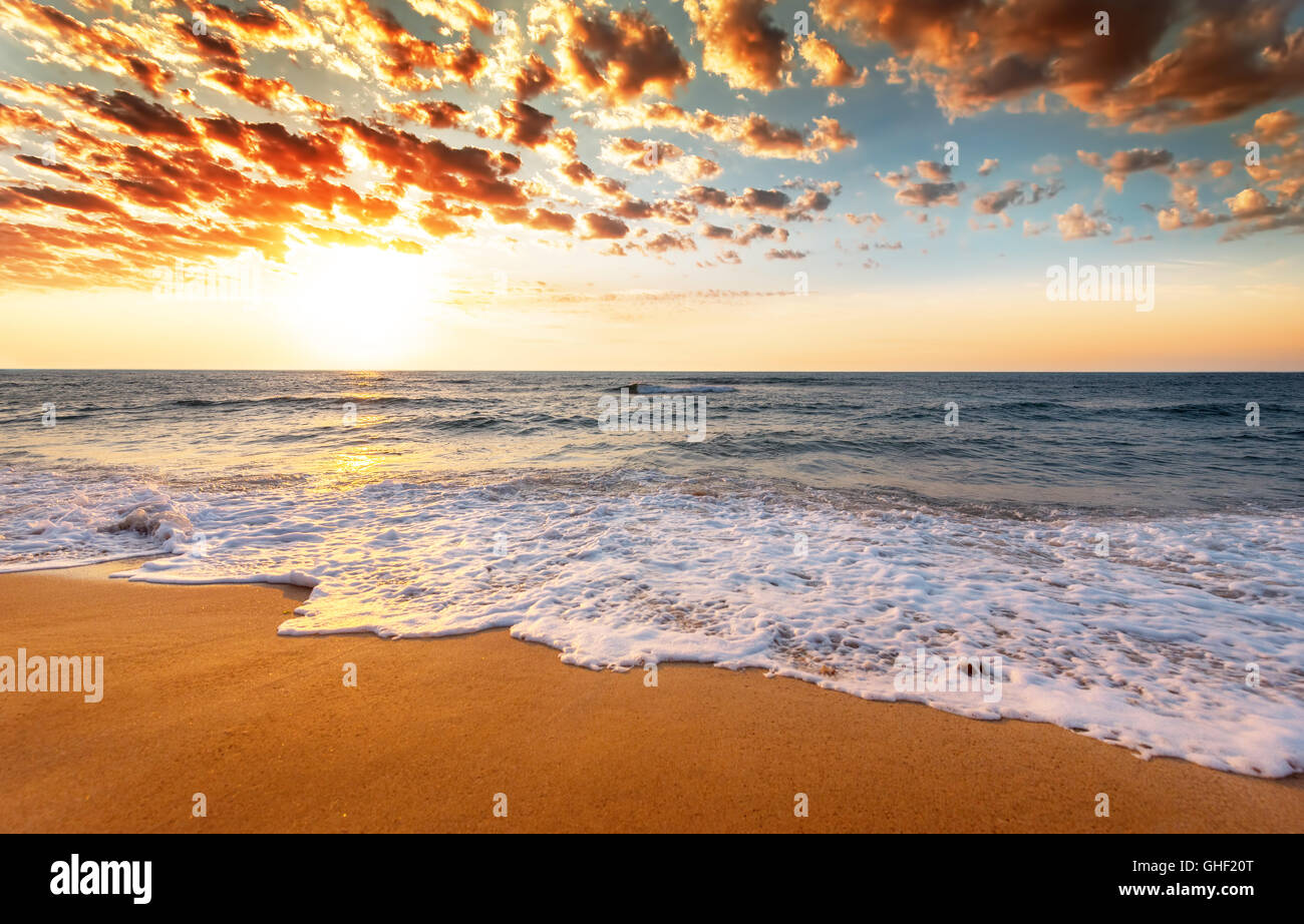 Beau lever de soleil sur la plage tropicale. Banque D'Images