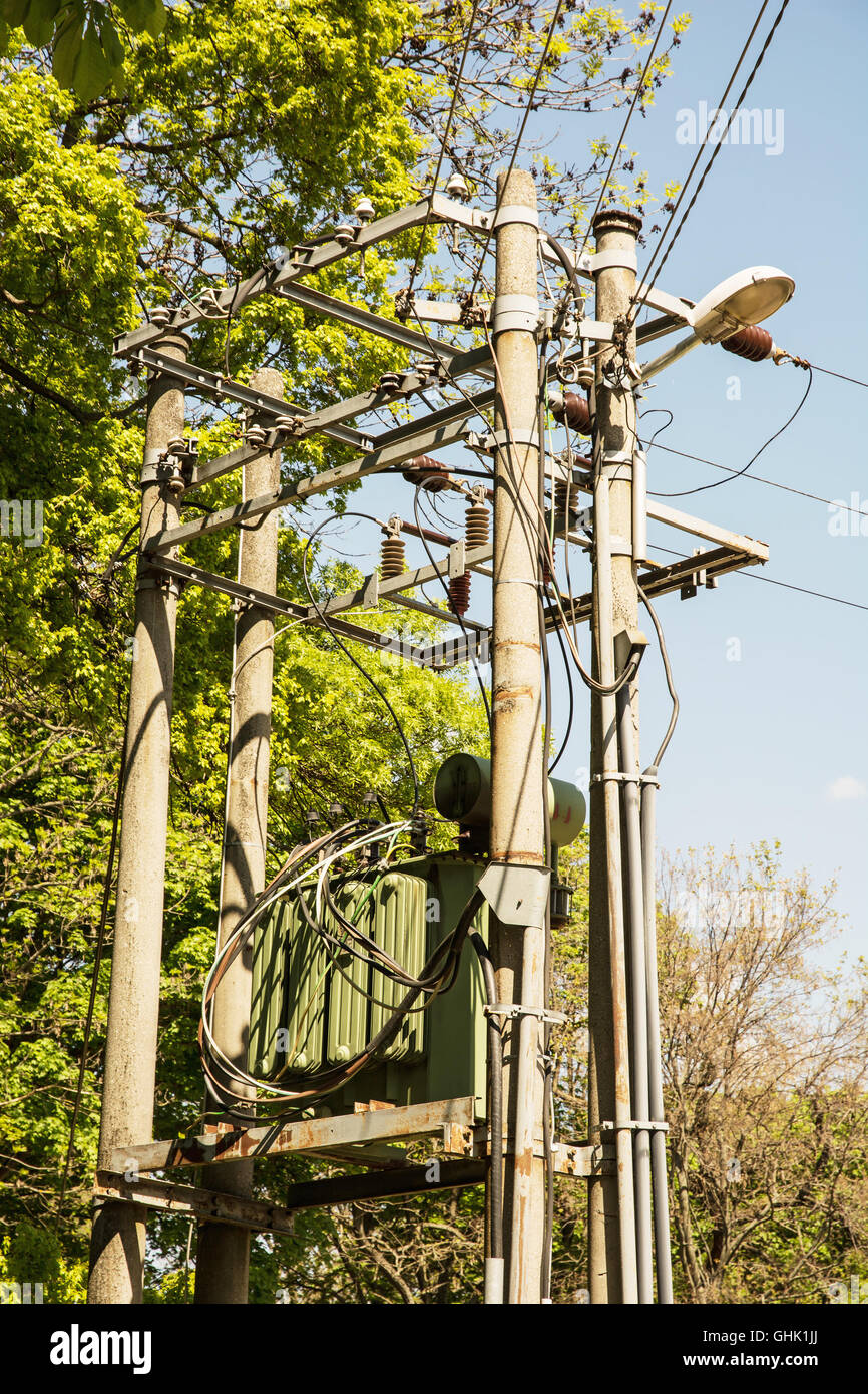 Poteau électrique avec le transformateur de la forêt. Pylône électrique avec fusibles en céramique. Thème de l'industrie de l'énergie. Banque D'Images