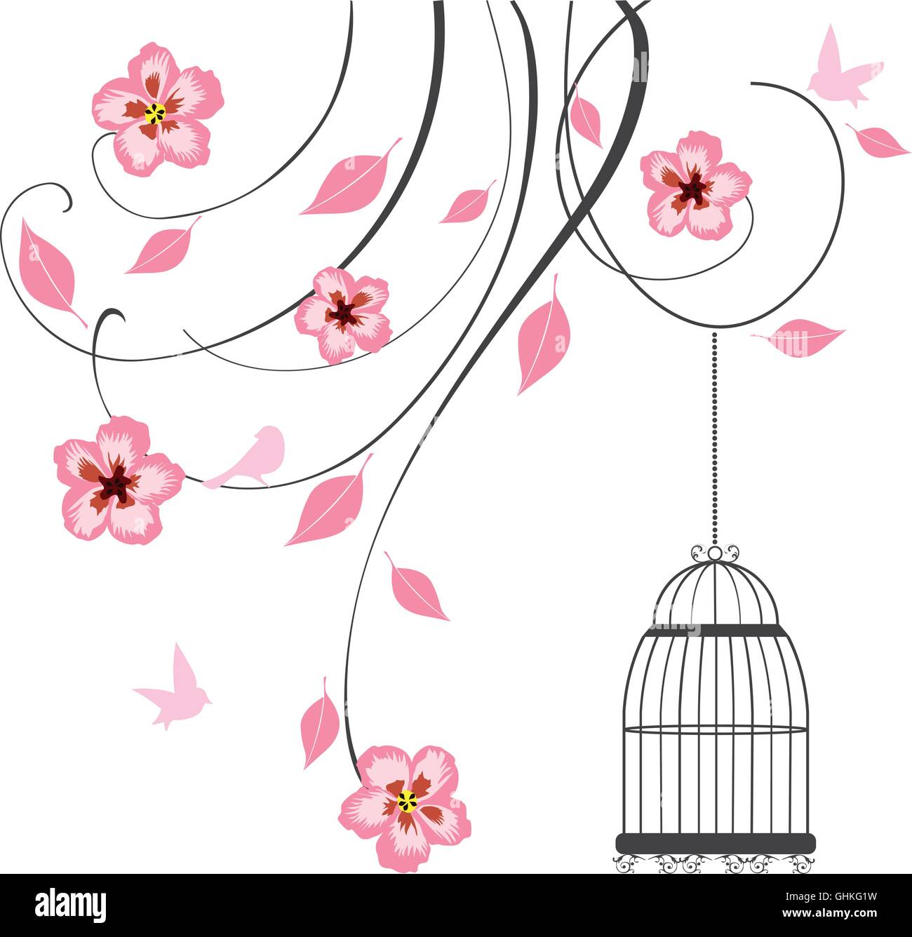 Illustration vecteur de fond floral tourbillonner avec cage à oiseaux vintage Illustration de Vecteur