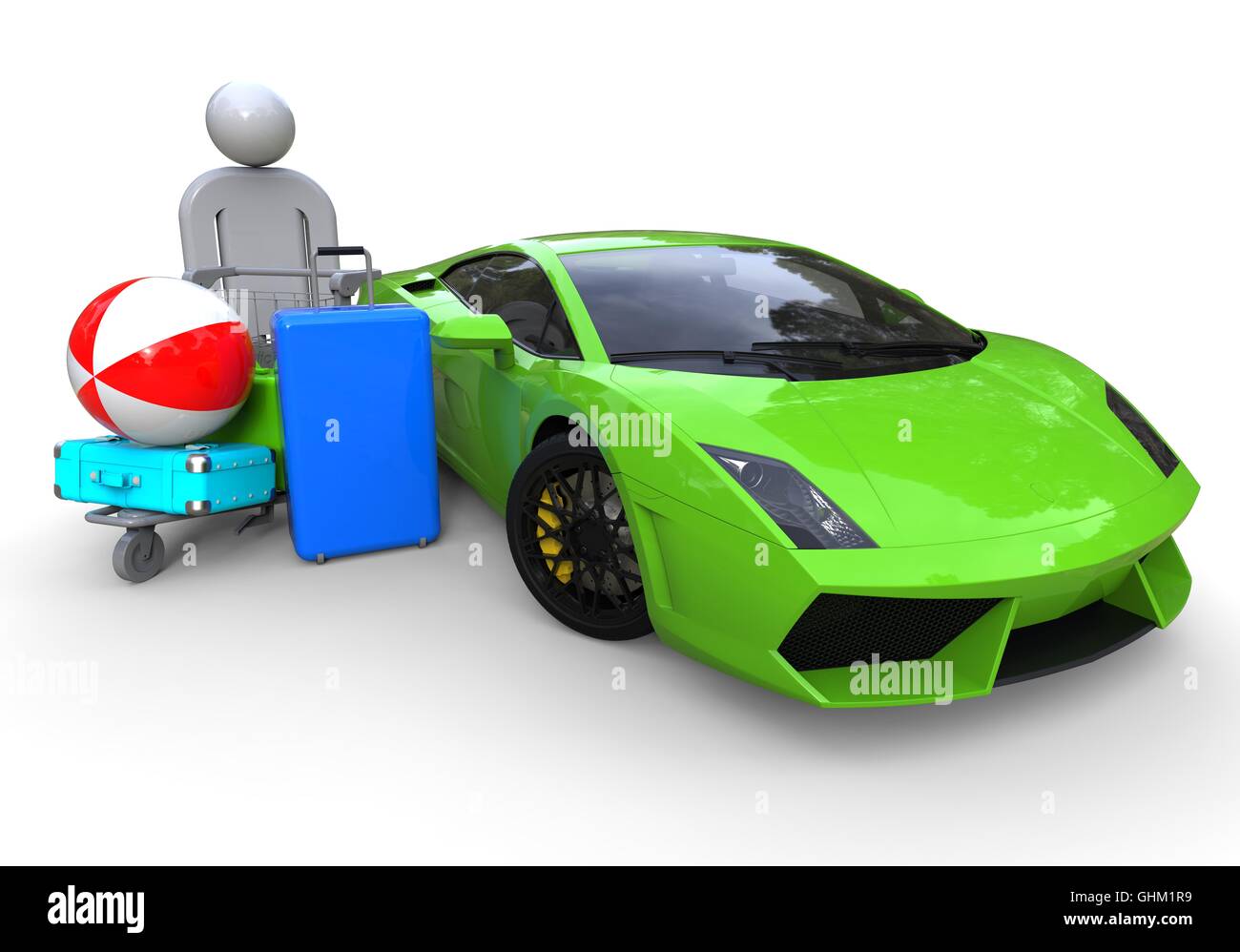 L'image de rendu 3D représentant un type avec bagages devant une voiture super Banque D'Images