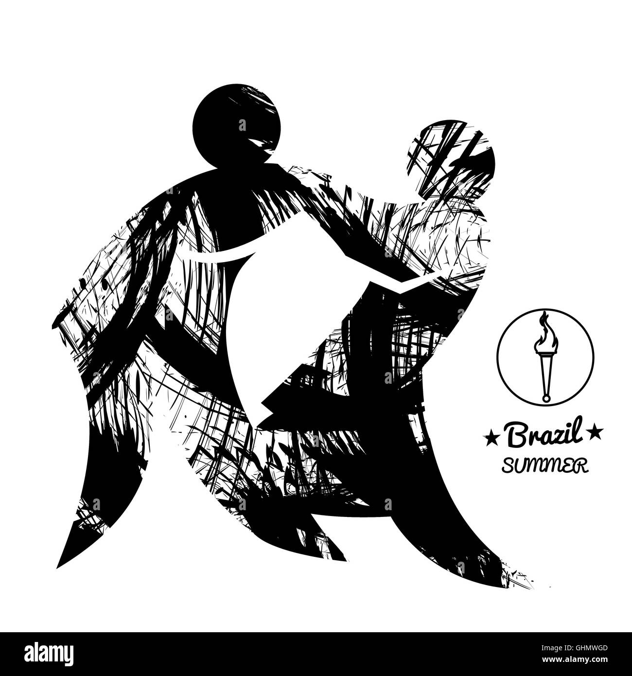 Sport d'été Brésil carte avec deux lutteurs abstraite, en contours noirs. Vector image numérique Banque D'Images