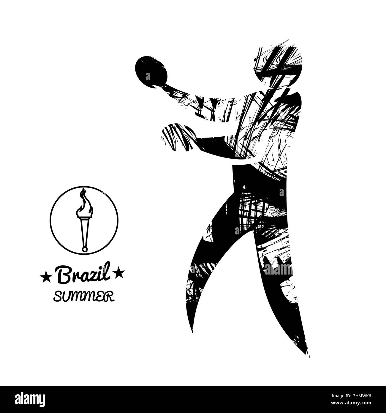 Sport d'été Brésil carte avec un abrégé, joueur de tennis de table en contours noirs. Vector image numérique Banque D'Images
