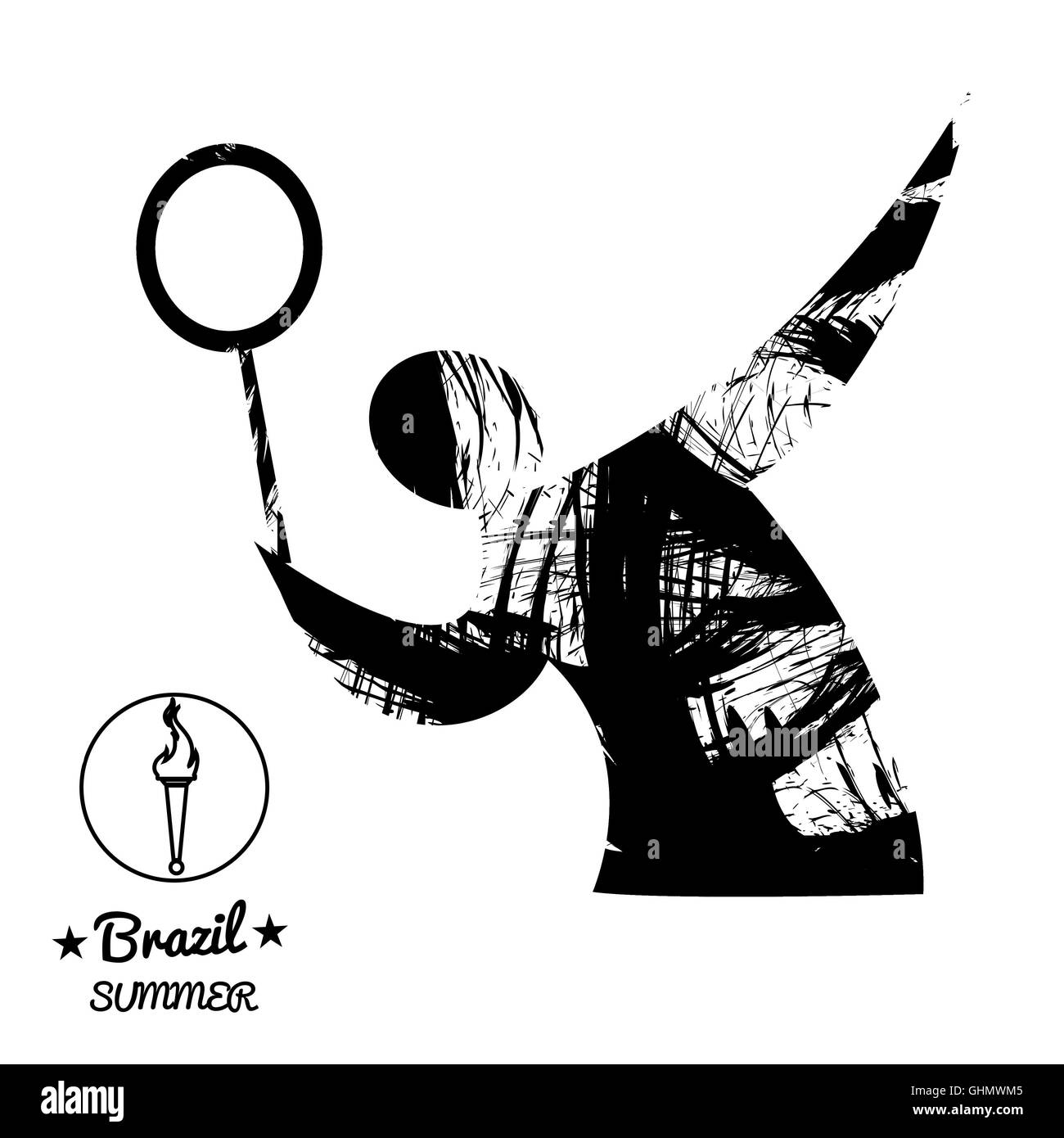 Sport d'été Brésil carte avec un résumé joueur de tennis, en contours noirs. Vector image numérique Banque D'Images