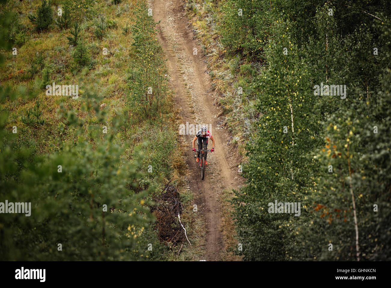 Plan général rider un cycliste, équitation le long d'un sentier forestier au cours de compétitions régionales sur les pays location Banque D'Images