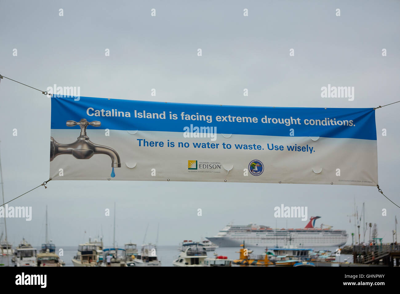 La pénurie d'eau bannière dans Avalon, Catalina Island, Californie. Banque D'Images