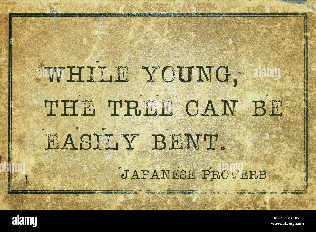 Alors que les jeunes, l'arbre peut être facilement plié - ancien proverbe japonais imprimé sur carton vintage grunge Banque D'Images