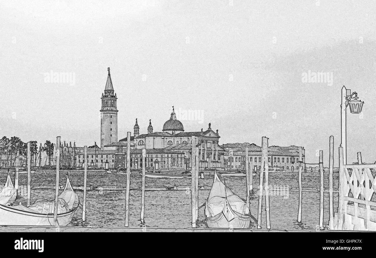 Gondoles sur le Grand Canal, Venise, avec l'île de San Giorgio Maggiore et de l'Église en arrière-plan. Banque D'Images