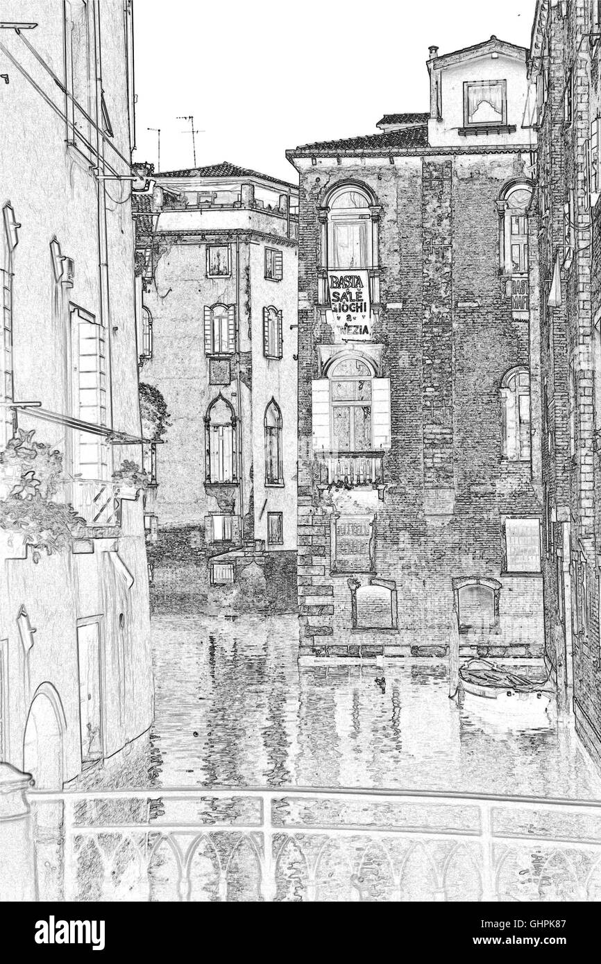Canal Venise typique, pont, bâtiments et bateaux Banque D'Images