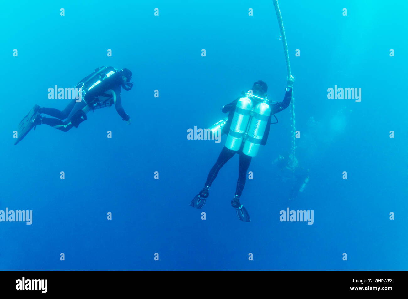 Scuba Diver sur ligne de sécurité faisant arrêter de décompression, Rosalie Moller, épave, Red Sea, Egypt, Africa Banque D'Images