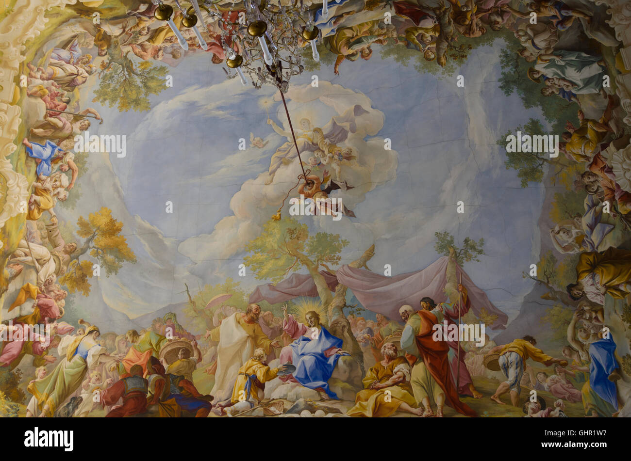 Geras : abbaye Monastère Geras, le plafond est décoré d'une fresque de Paul Troger illustrant la multiplication miraculeuse de pain Banque D'Images