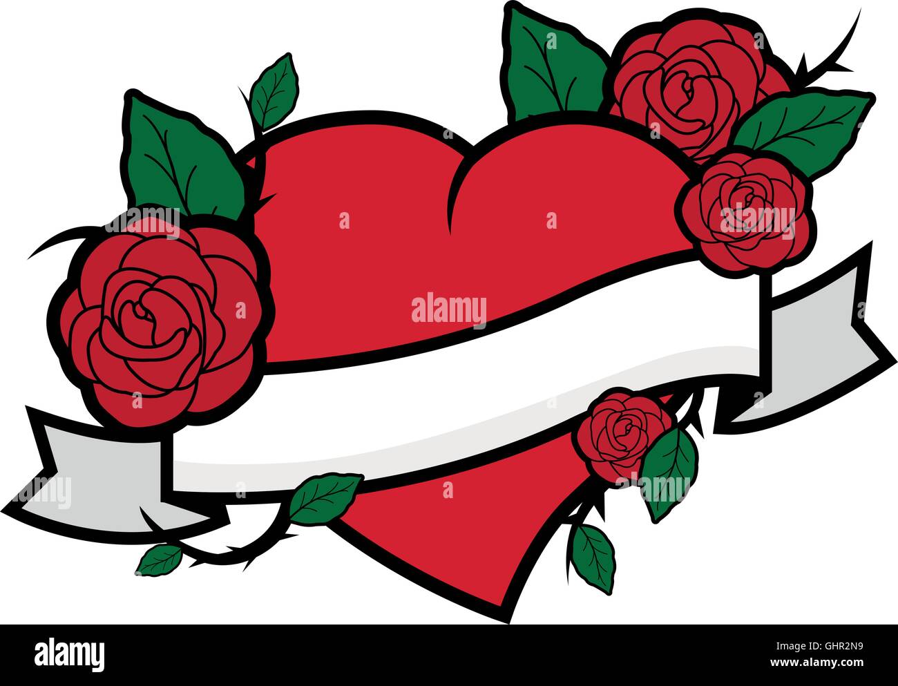 Roses de style tatouage et un coeur rouge et ruban. Coeur avec fleurs roses et ruban. Illustration vectorielle Illustration de Vecteur