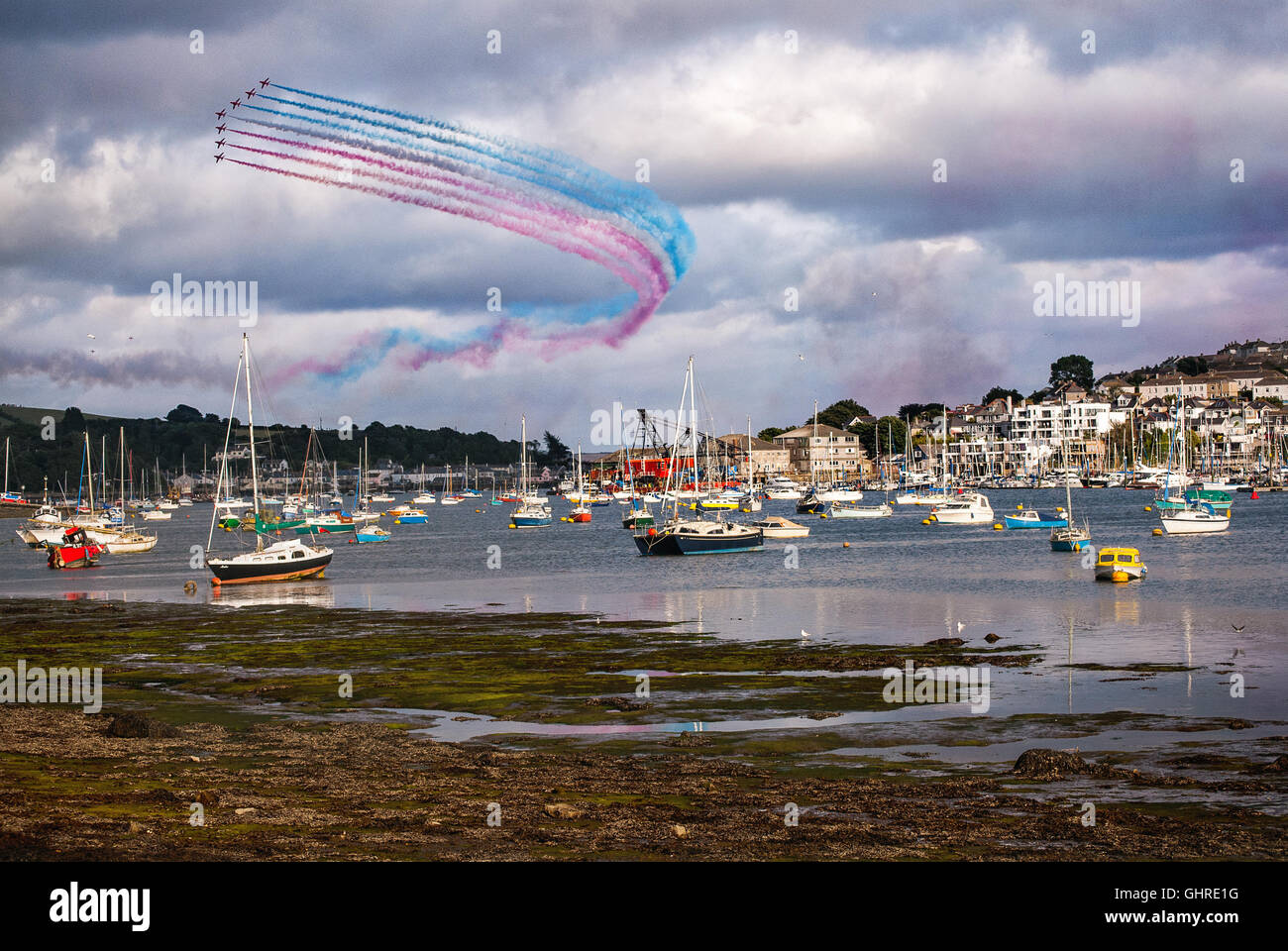Les flèches rouges afficher (Royal Air Force) sur Falmouth à Cornwall le 10/08/2016 Banque D'Images