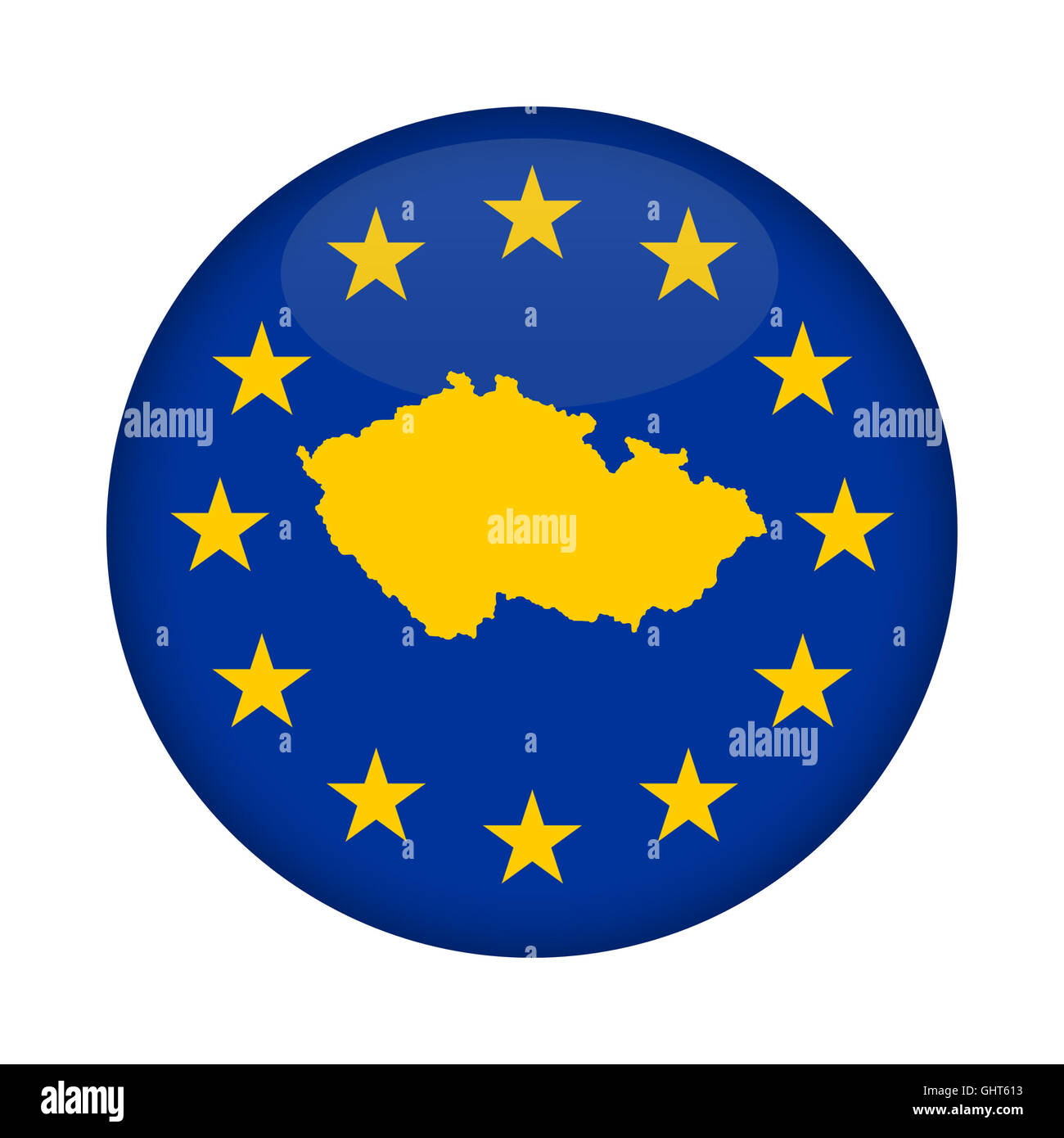 Carte de République tchèque sur un bouton drapeau de l'Union européenne isolé sur un fond blanc. Banque D'Images
