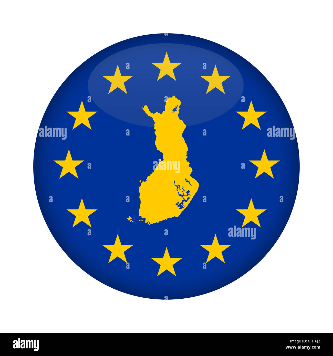 Finlande carte sur un bouton drapeau de l'Union européenne isolé sur un fond blanc. Banque D'Images