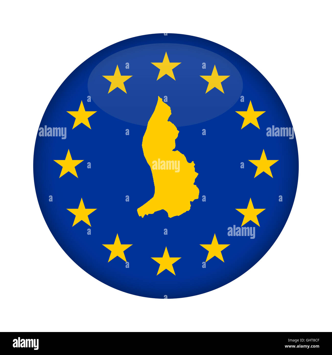Le Liechtenstein carte sur un bouton drapeau de l'Union européenne isolé sur un fond blanc. Banque D'Images