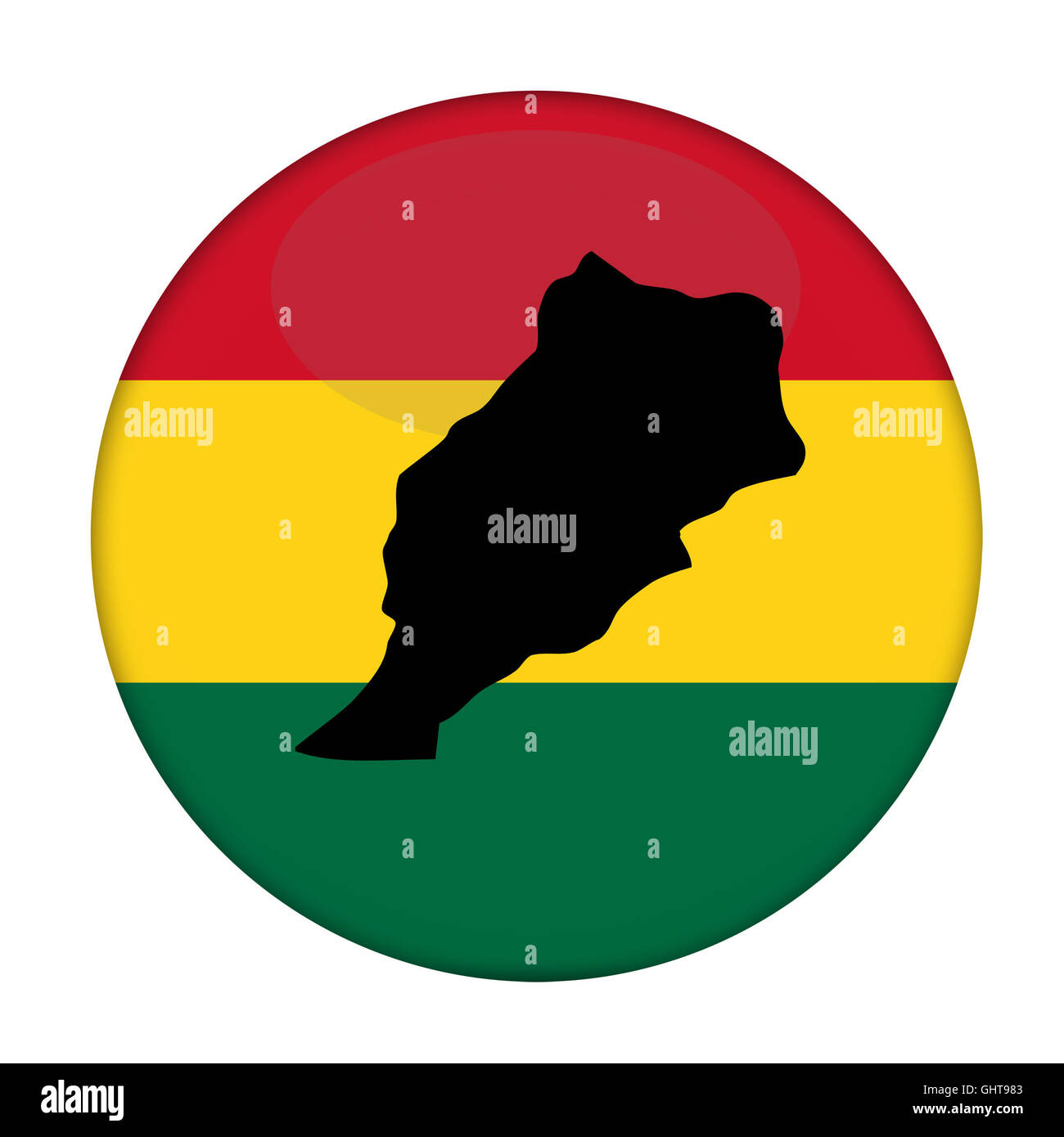 Carte du Maroc sur un bouton drapeau Rastafari, fond blanc. Banque D'Images