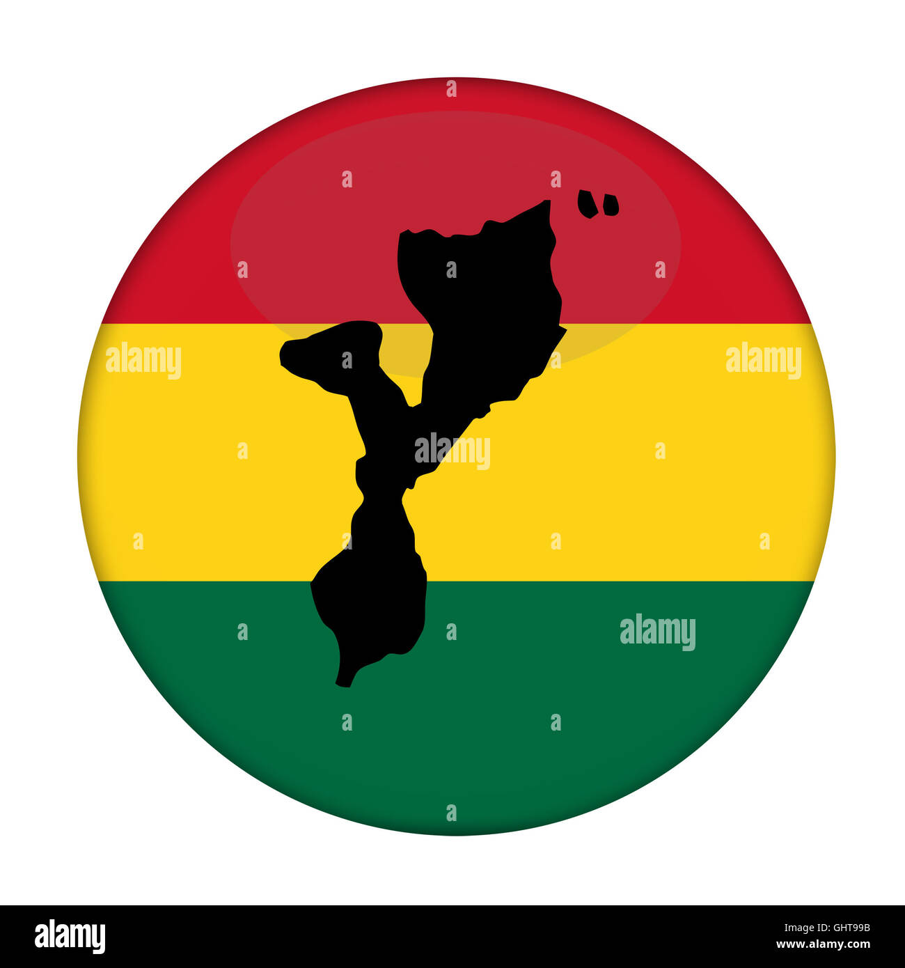 Mozambique carte sur un bouton drapeau Rastafari, fond blanc. Banque D'Images