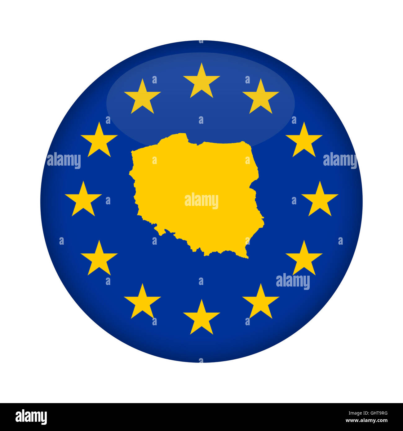 Pologne carte sur un bouton drapeau de l'Union européenne isolé sur un fond blanc. Banque D'Images