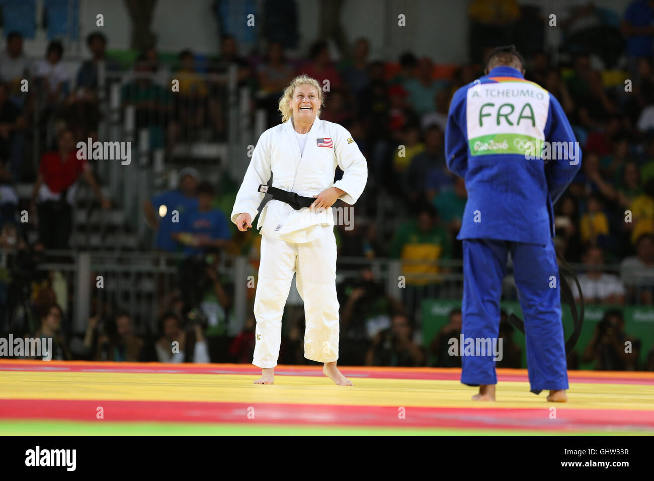 Rio de Janeiro, Rio de Janeiro, Brésil. Août 11, 2016. Le judoka américain Harrisonda Kayla remporte la catégorie poids lourds (78kg) Jeux Olympiques de judo à Rio de Janeiro en 2016 la Carioca 2 Arena au Brésil et obtenir la médaille d'or. Audrey Tcheuméo français a pris l'argent et le Brésilien Mayra Aguiar et slovène Anamari VelenÅ¡ek bronze.Photo : Geraldo bubniak Bubniak Crédit : Geraldo/ZUMA/Alamy Fil Live News Banque D'Images