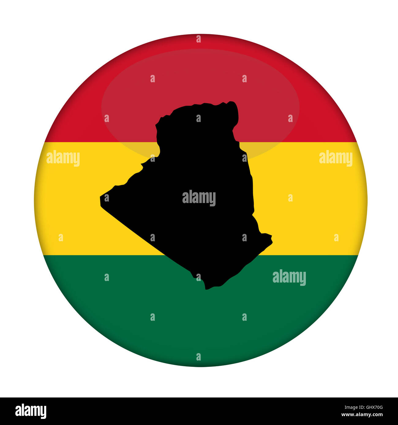 Algérie carte sur un bouton drapeau Rastafari, fond blanc. Banque D'Images