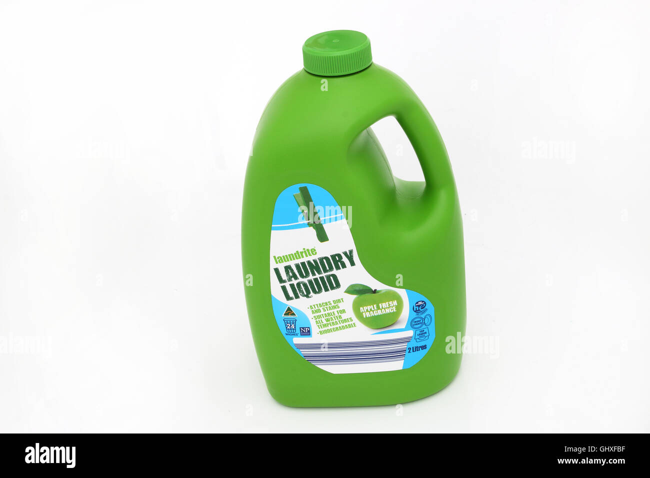 Produits liquides blanchisserie Aldi australienne contre fond blanc Banque D'Images