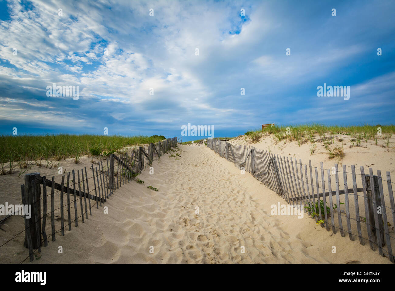 Clôture et chemin à travers les dunes de sable à Race Point, dans la Province Lands at Cape Cod National Seashore, Massachusetts. Banque D'Images