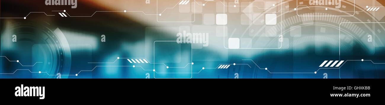 Abstract tech industrial web bannière d'en-tête. Vector modèle d'en-tête avec paysage pont circuit board, et des carrés. Banner illus Illustration de Vecteur