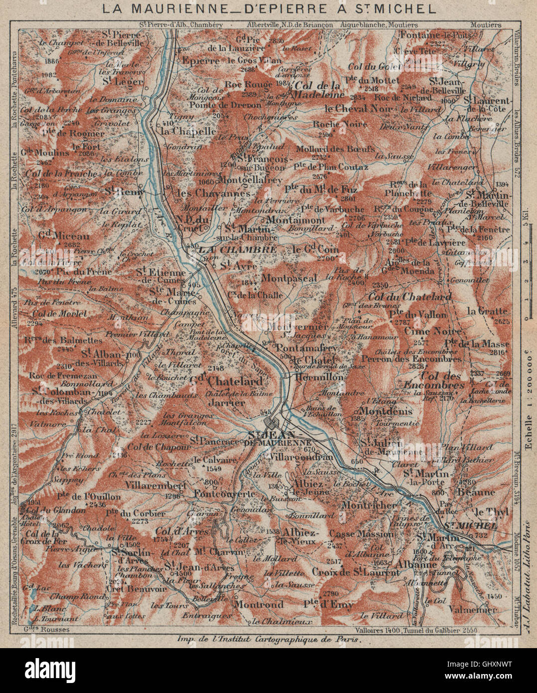 MAURIENNE.Epierre-St Michel St Jean Mne.St Martin de Belleville Savoie, 1920 map Banque D'Images