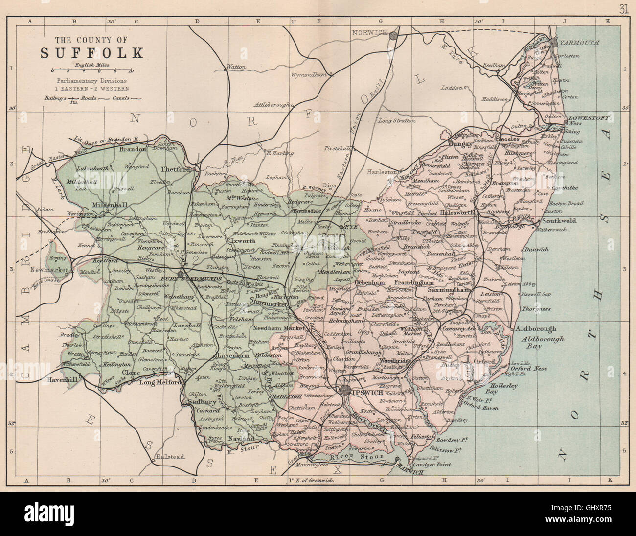 Carte du comté de Suffolk : meubles anciens. Routes Chemins de canaux. Circonscriptions. PHILIP 1882 Banque D'Images