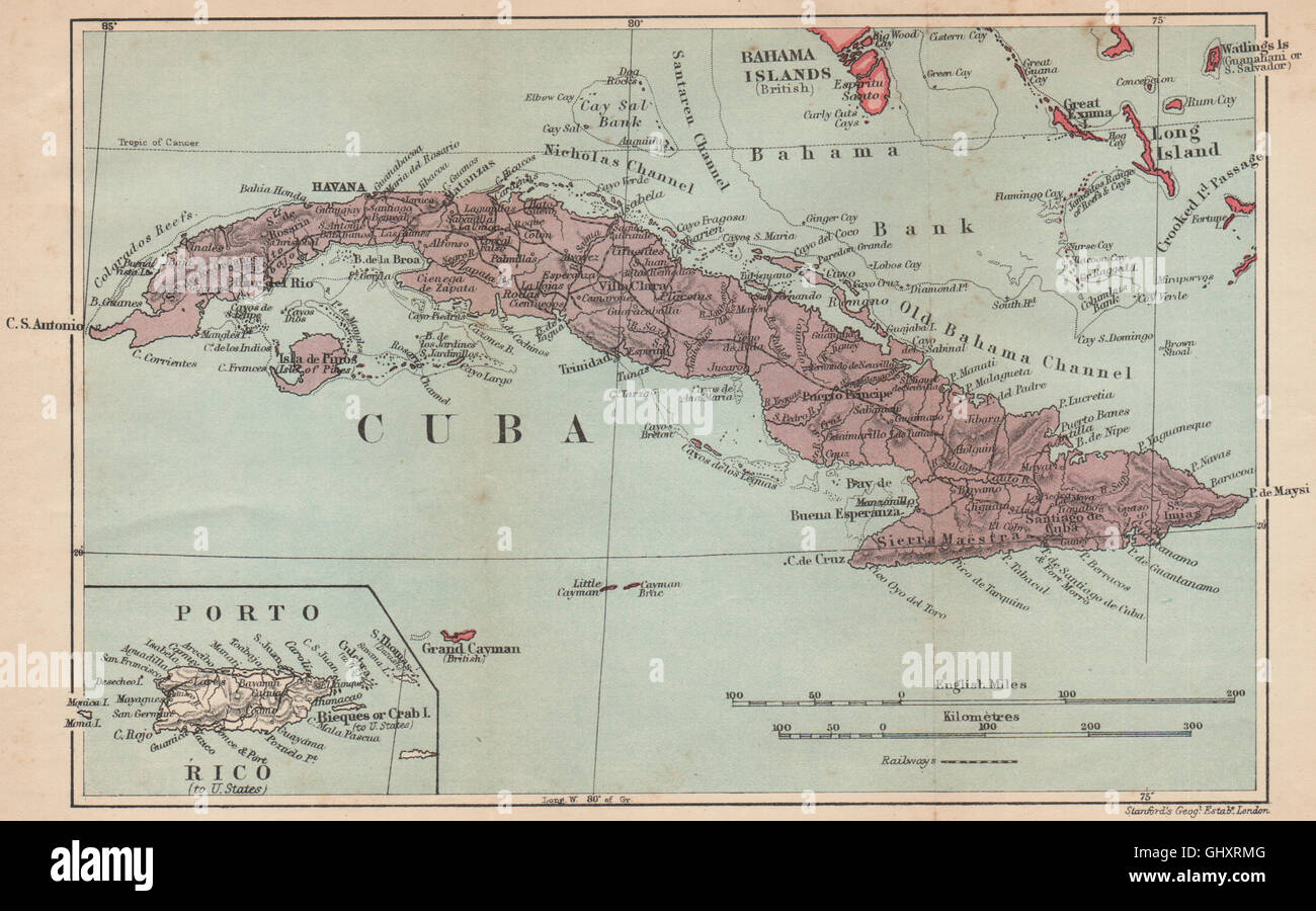 CUBA. Carte vintage. L'encart de Porto Rico. West Indies. Caraïbes, 1914 Banque D'Images