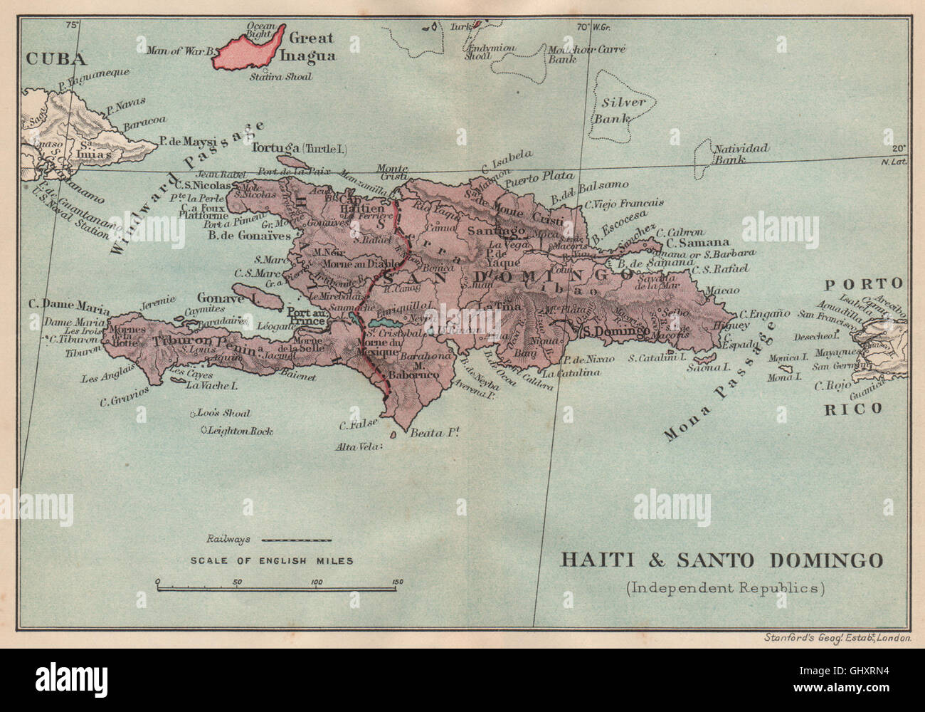 HISPANIOLA. Haïti et Santo Domingo (République dominicaine) Vintage map, 1914 Banque D'Images