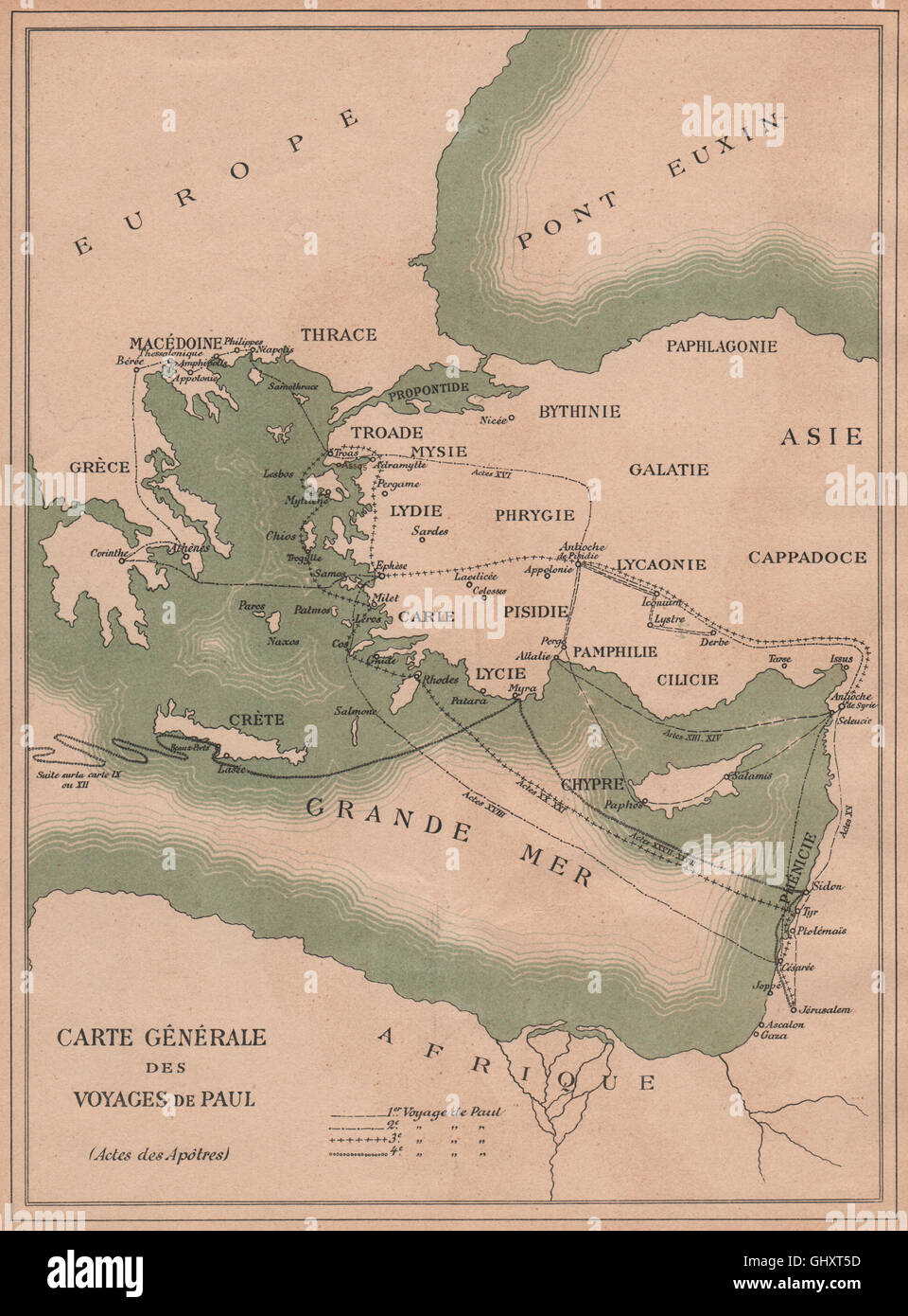 L'Apôtre saint Paul. La carte de ses 4 voyages missionnaires. Des chrétiens 1887 Banque D'Images