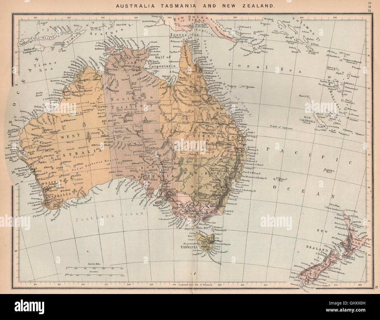 L'Australie de la Tasmanie et la Nouvelle-Zélande. En Australasie, 1885 carte antique Banque D'Images