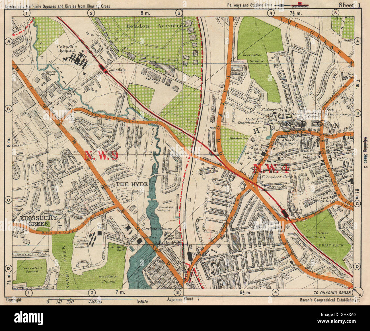 Sw Londres. L'Aérodrome de Hendon Kingsbury Vert Le Hyde. BACON, 1938 carte vintage Banque D'Images