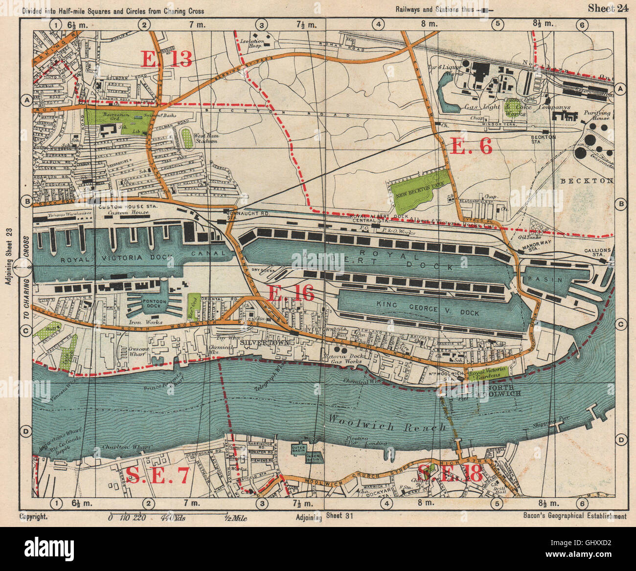 E London Royal Victoria et l'Albert Docks Beckton Woolwich Silvertown.BACON, 1938 map Banque D'Images