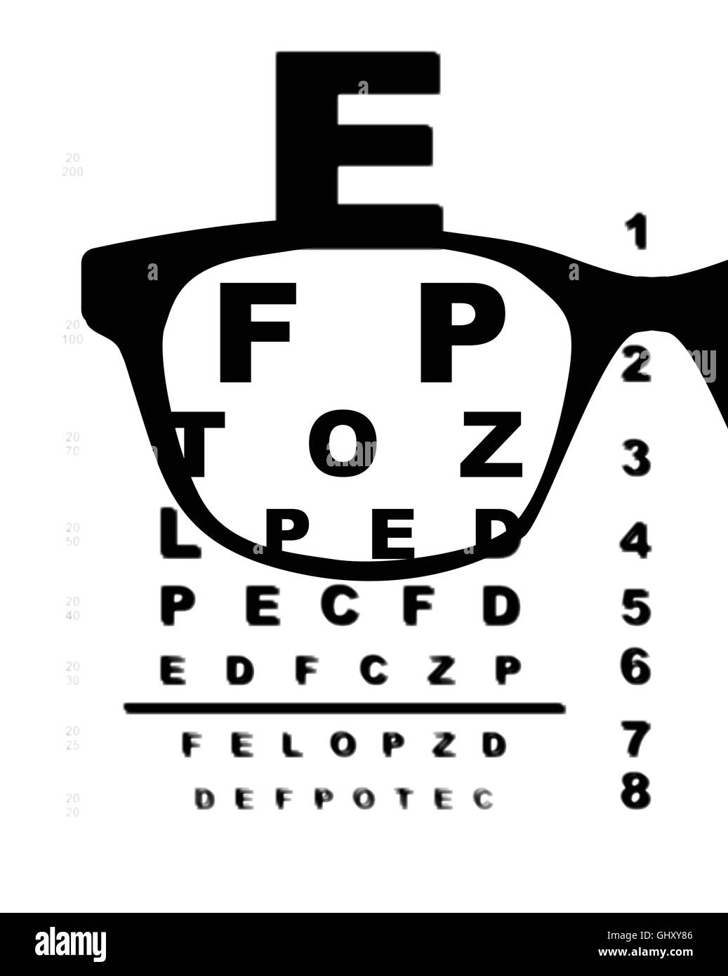 Un essai d'oeil opticiens typique graphique sur un fond blanc avec blur et verres Illustration de Vecteur