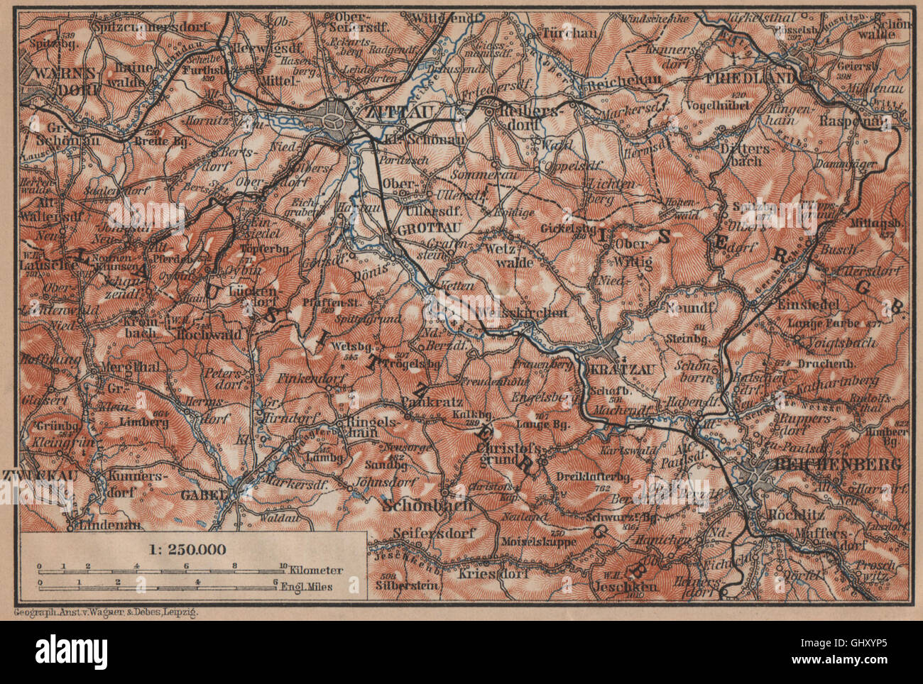 Monts de Lusace. Liberec Zittau Frydlant Luzicke hory Bogatynia, 1900 map Banque D'Images