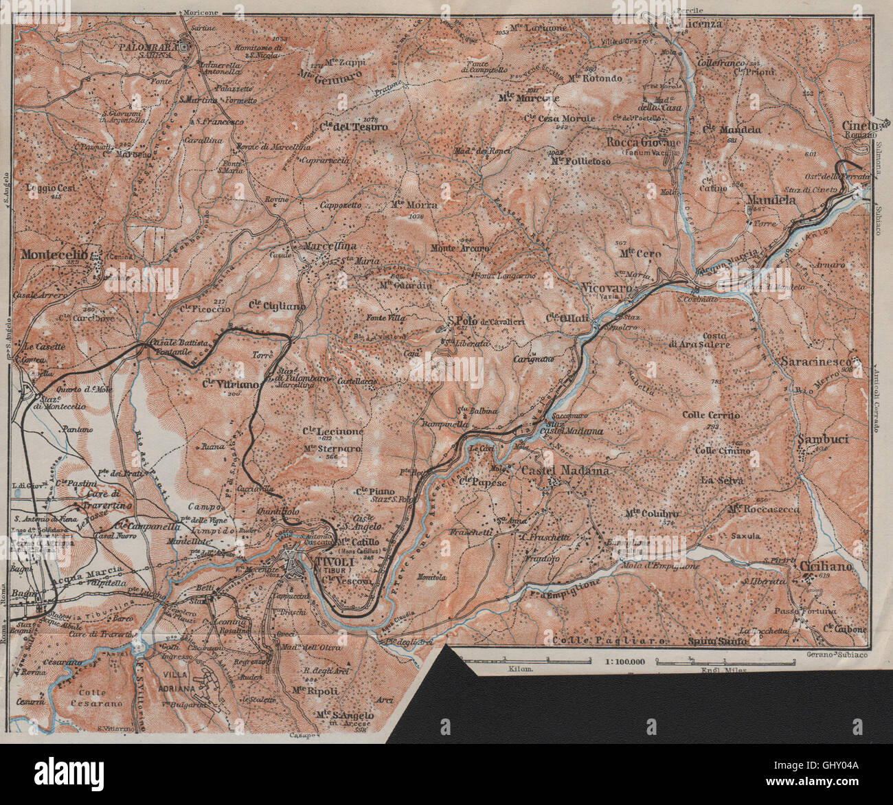 SABINA. La rivière Aniene Tivoli/Teverone Montcelio topo-map. Italie mappa, 1909 Banque D'Images